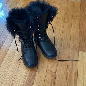UGG AYA Black Waterproof Leather Fur Toscana Cuff Snow Boots Size 7.5 Women